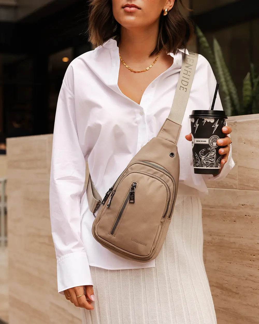 LOUENHIDE Boyd Nylon Sling Bag in Beige