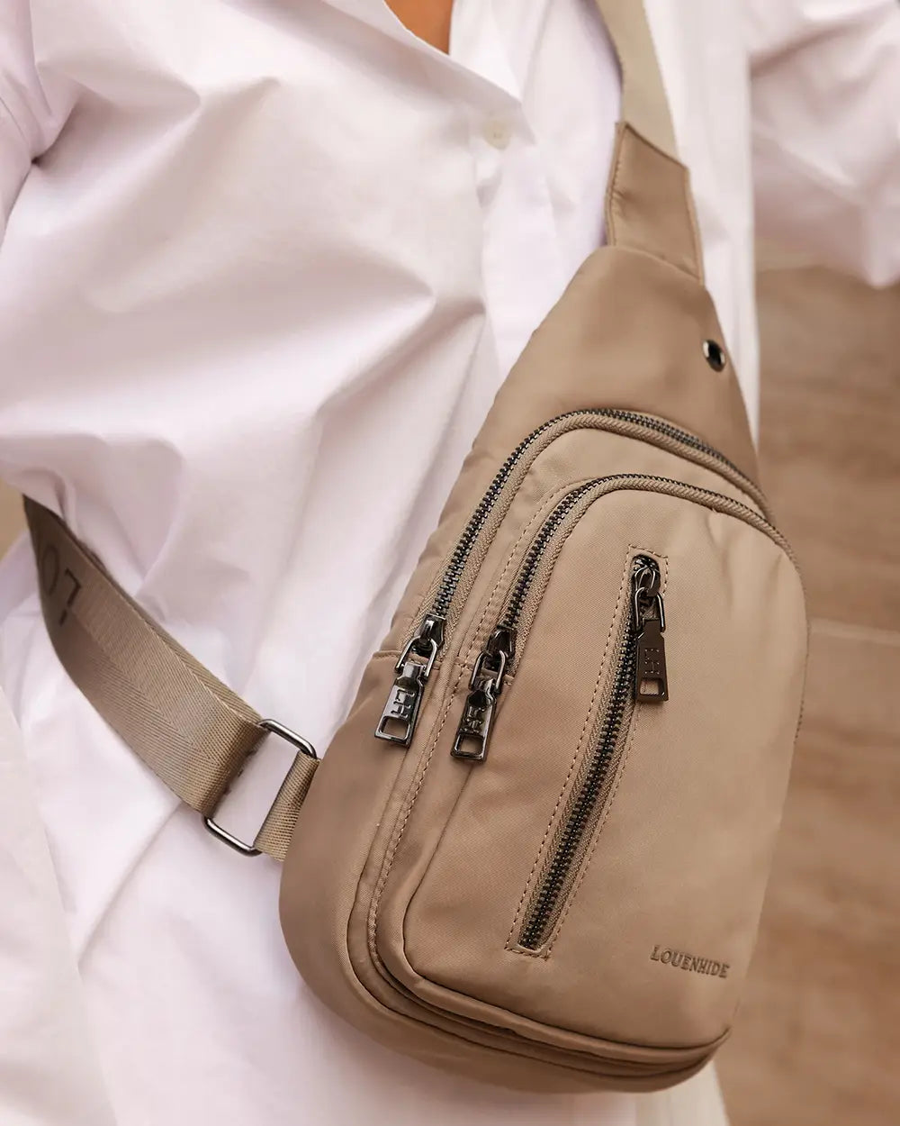 LOUENHIDE Boyd Nylon Sling Bag in Beige