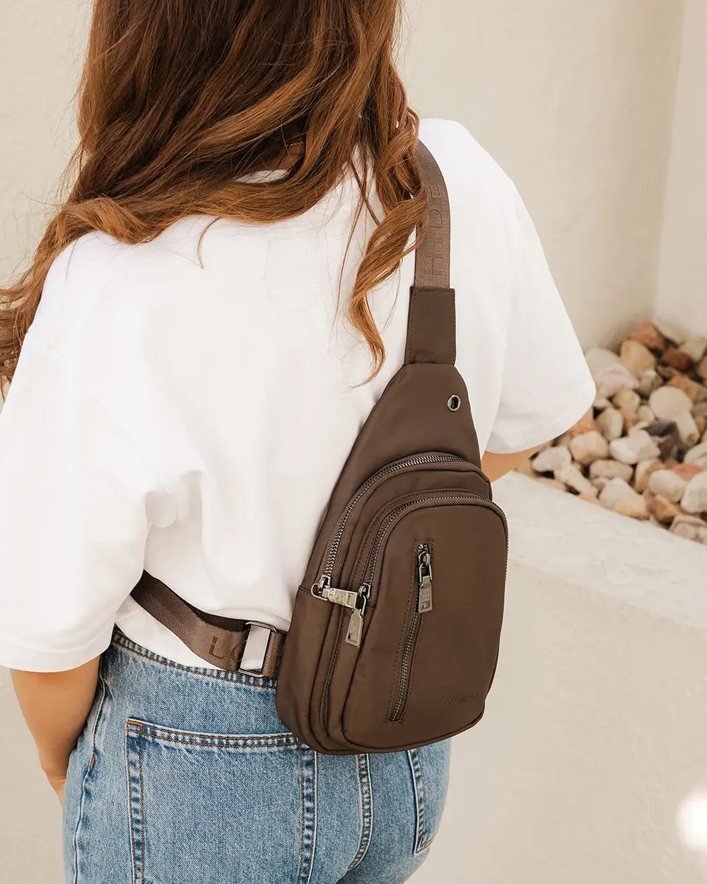 LOUENHIDE Boyd Nylon Sling Bag in Chocolate