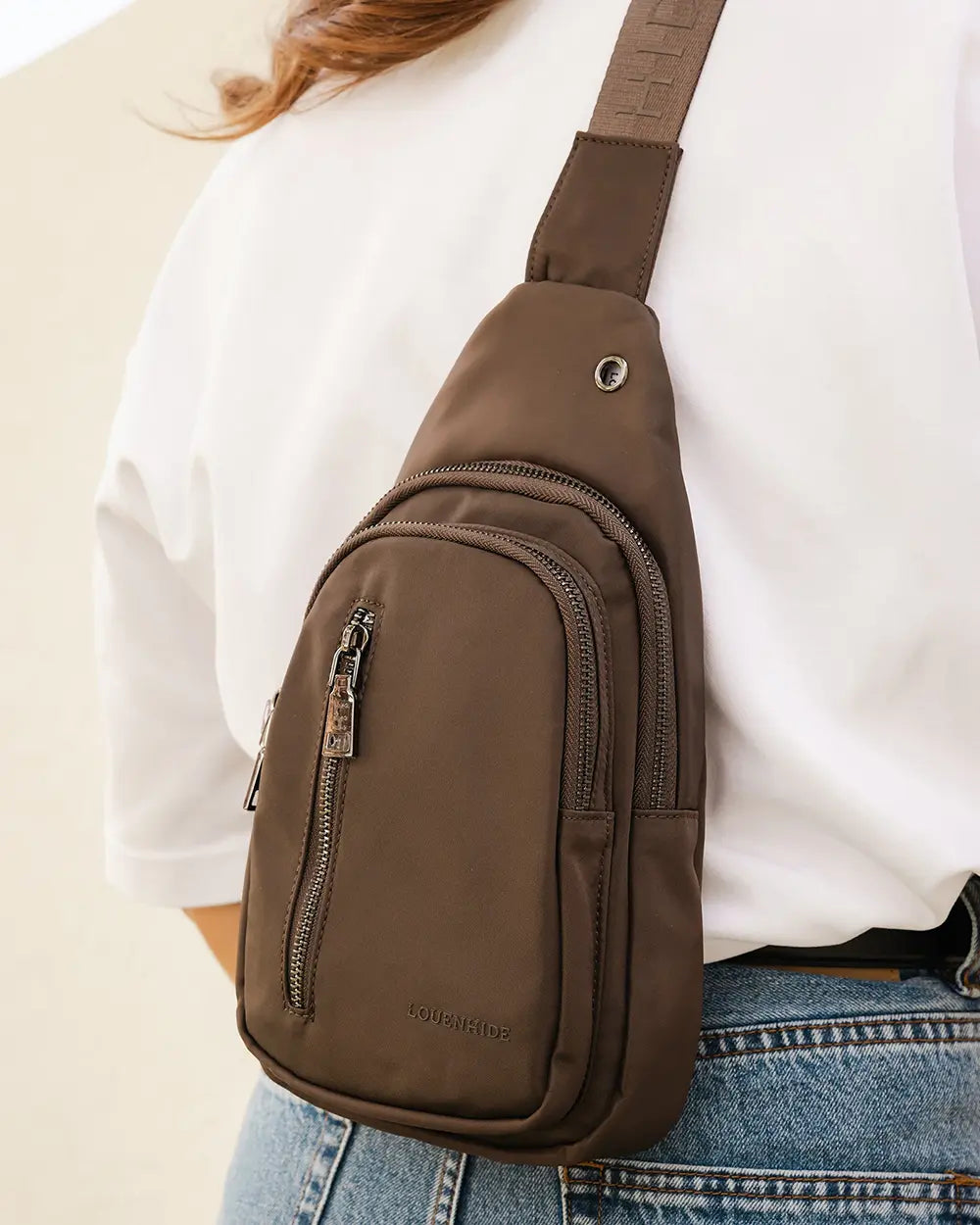 LOUENHIDE Boyd Nylon Sling Bag in Chocolate