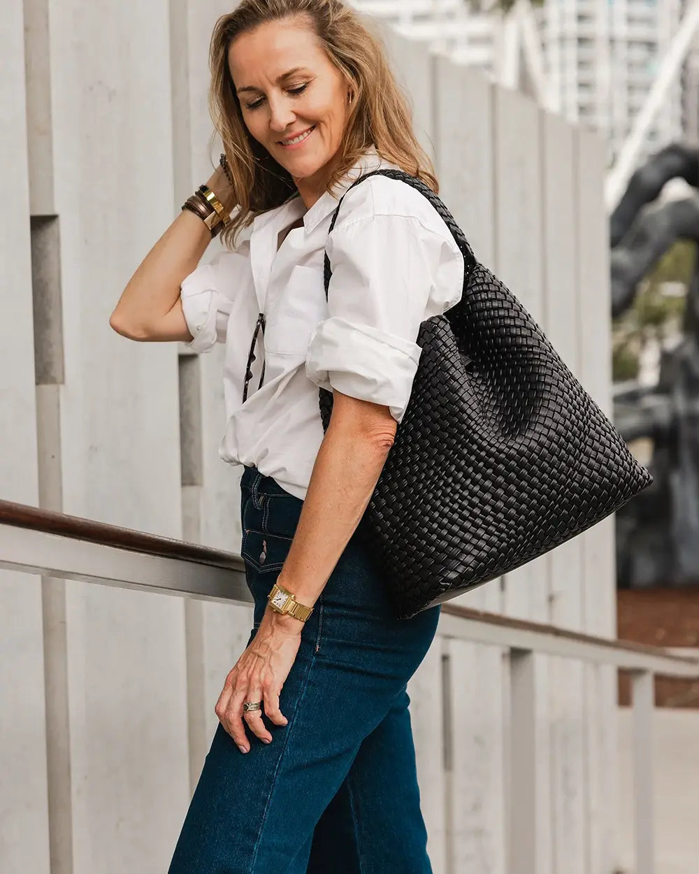 LOUENHIDE Gabby Woven Tote Bag in Black