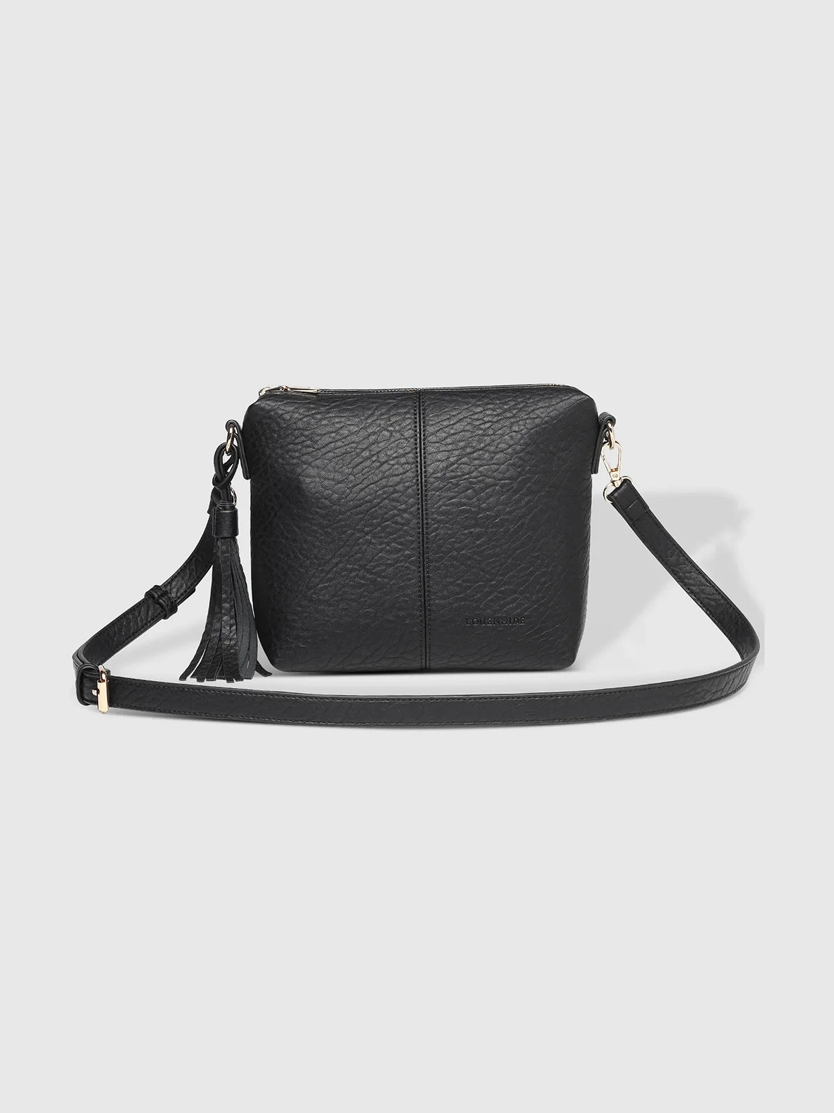 LOUENHIDE Kasey Textured Crossbody Bag with Logo Strap Black Faux Leather