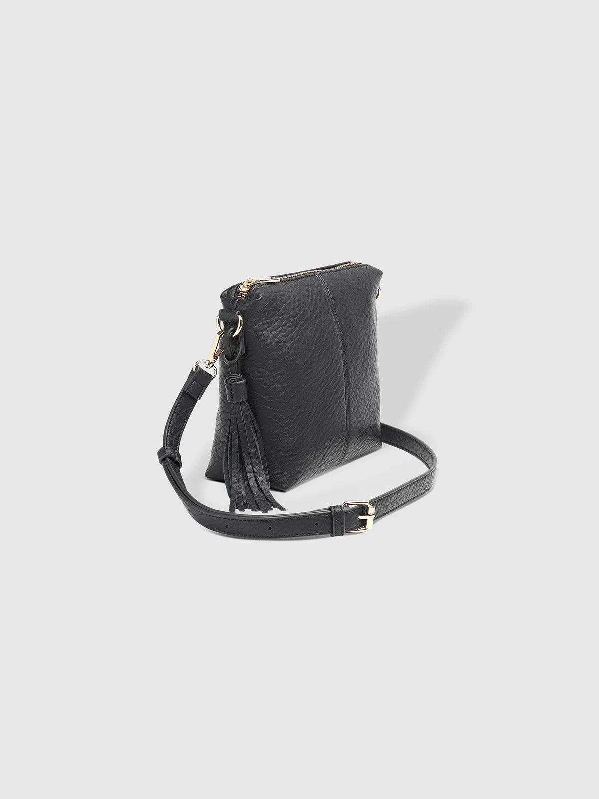 LOUENHIDE Kasey Textured Crossbody Bag with Logo Strap Black Faux Leather