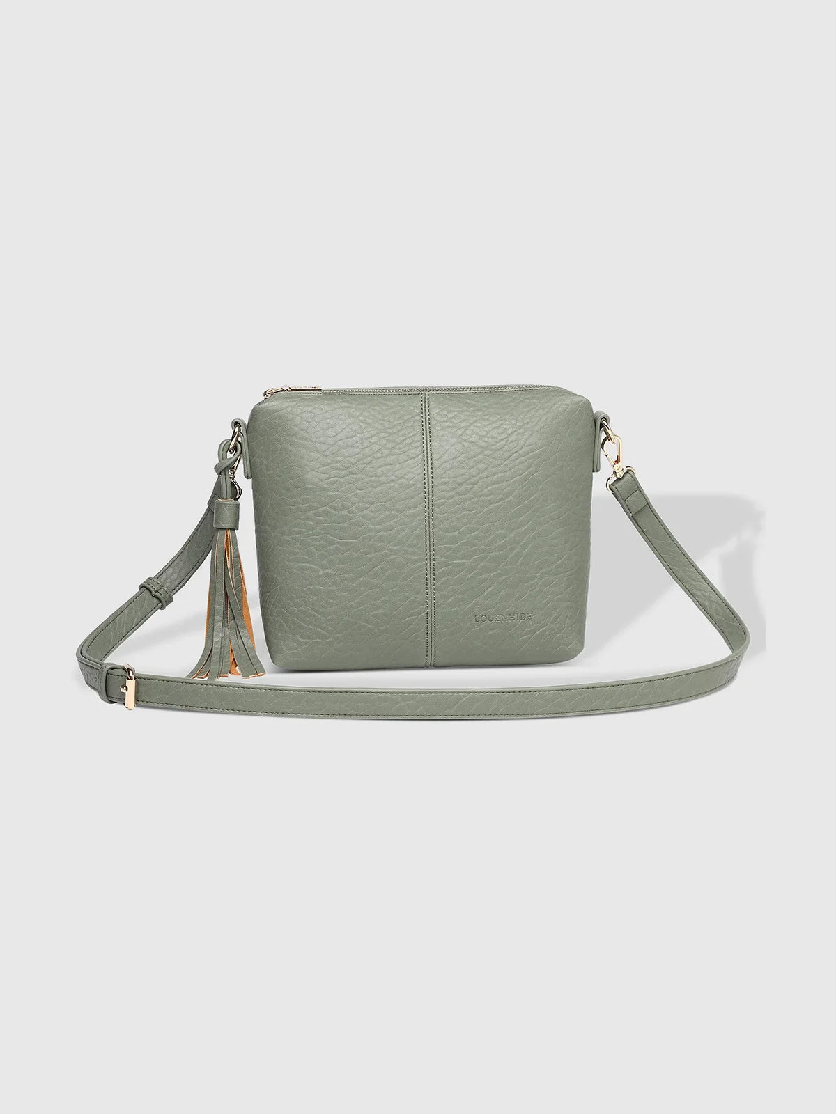 LOUENHIDE Kasey Textured Crossbody Bag with Logo Strap Light Khaki Faux Leather