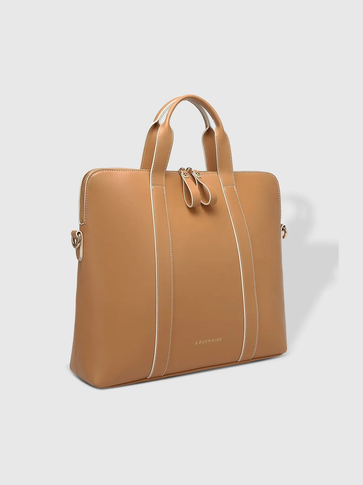 LOUENHIDE Rhodes Contrast Trim Laptop Bag in Camel & White Faux Leather