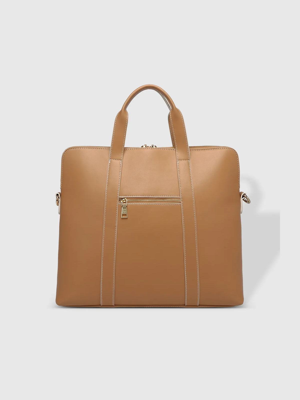 LOUENHIDE Rhodes Contrast Trim Laptop Bag in Camel & White Faux Leather