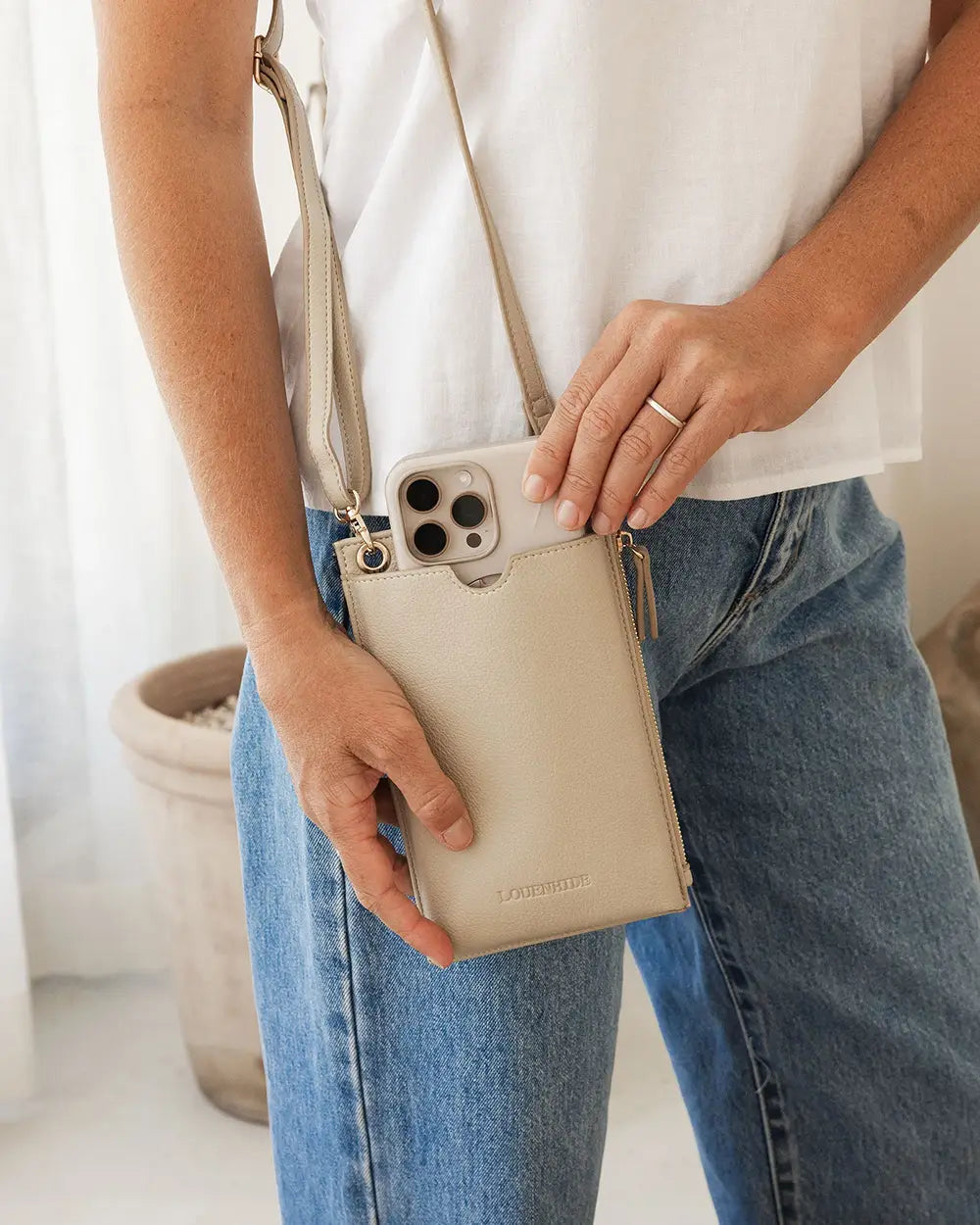 LOUENHIDE Suki RFID Phone Bag in Almond