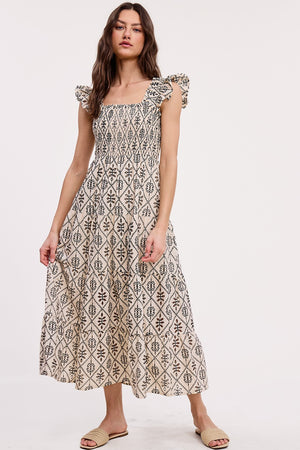 Lozenge Ivory & Black Embroidered Midi Dress