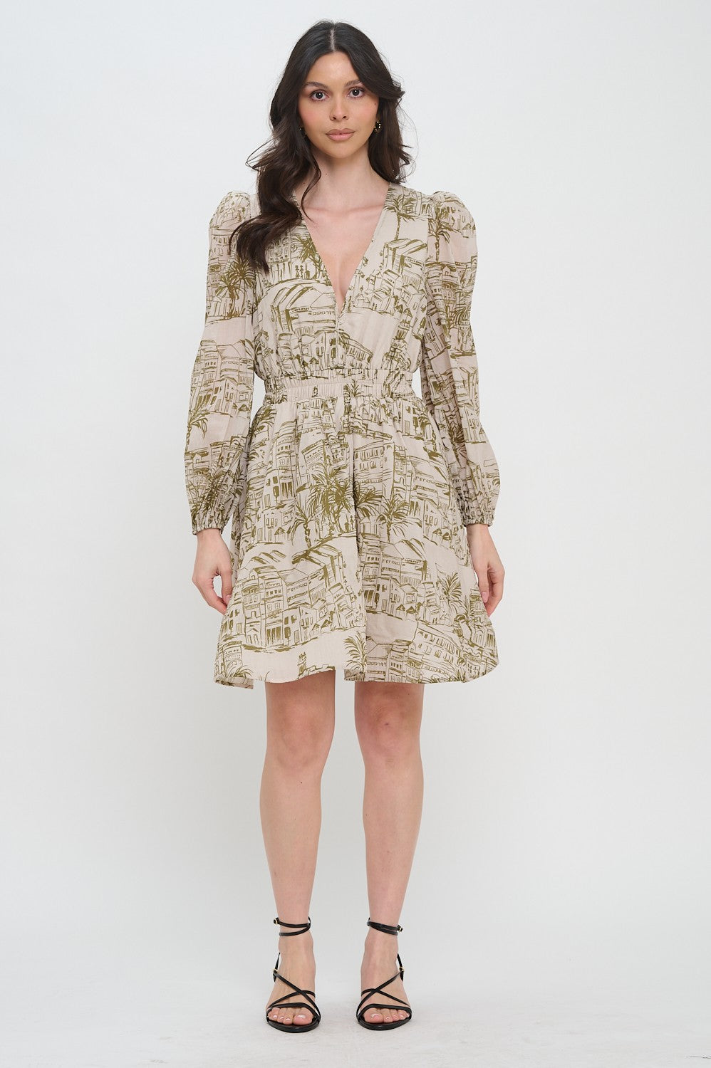 meet me in Santorini Olive Long Sleeve Short Dress