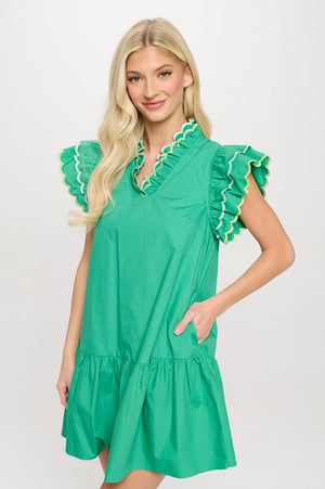 Scalloped Detail Ruffle Sleeve Dress