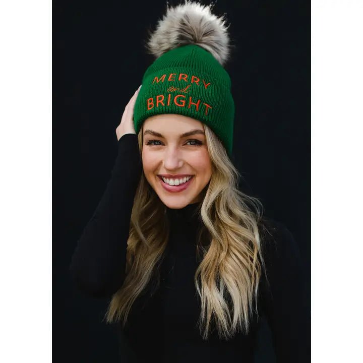 merry & bright pom knit hat in green