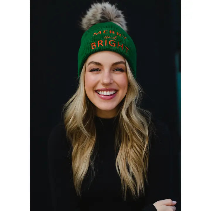 merry & bright pom knit hat in green