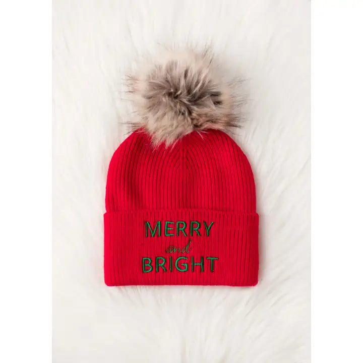 merry & bright pom knit hat in red