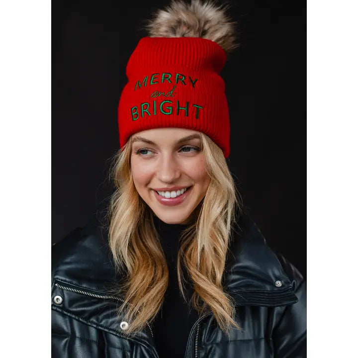 merry & bright pom knit hat in red