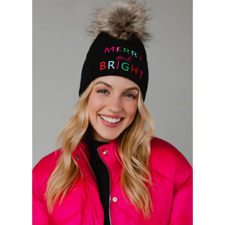 Merry & Bright Knit Pom Hat in black