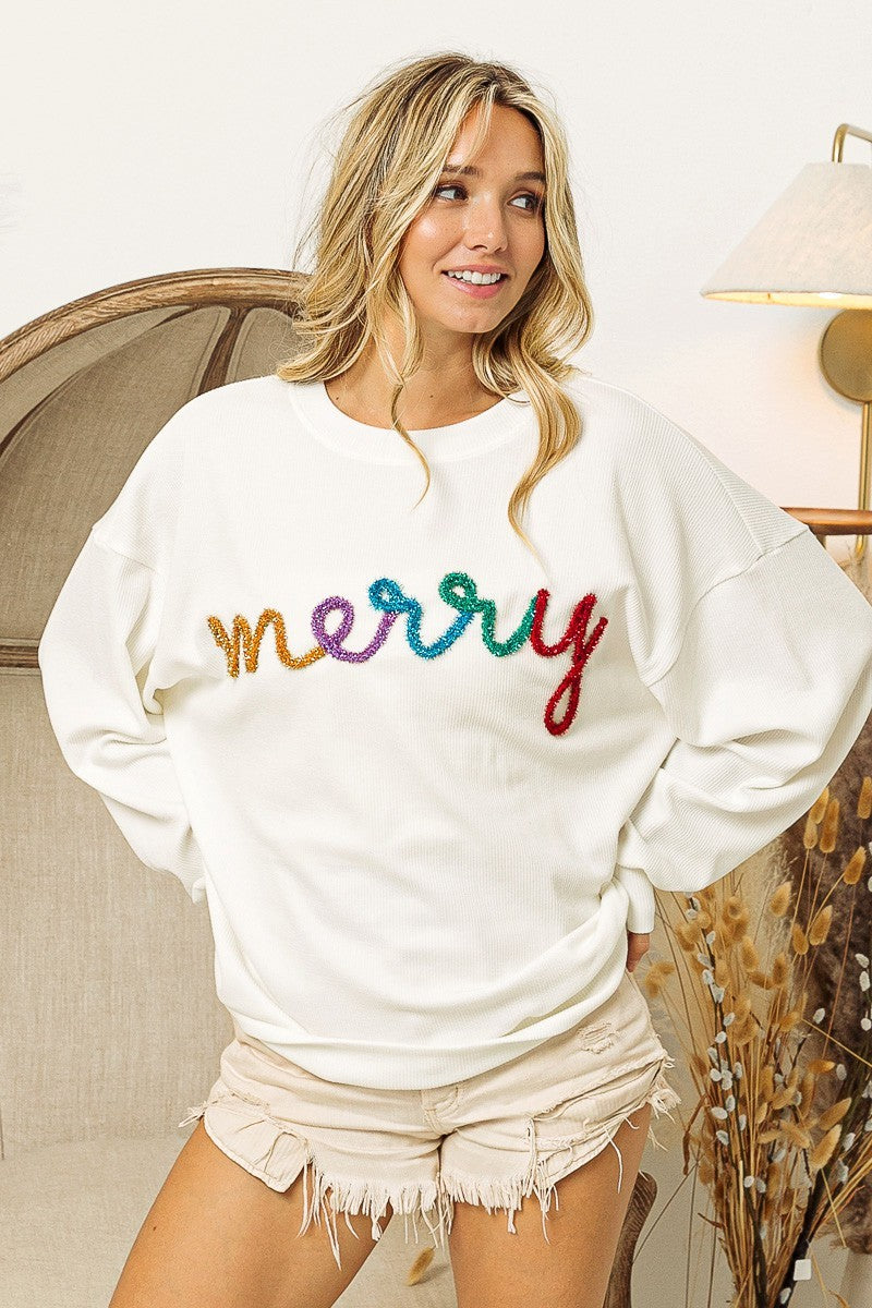 merry tinsel letter sweatshirt in multicolor-front