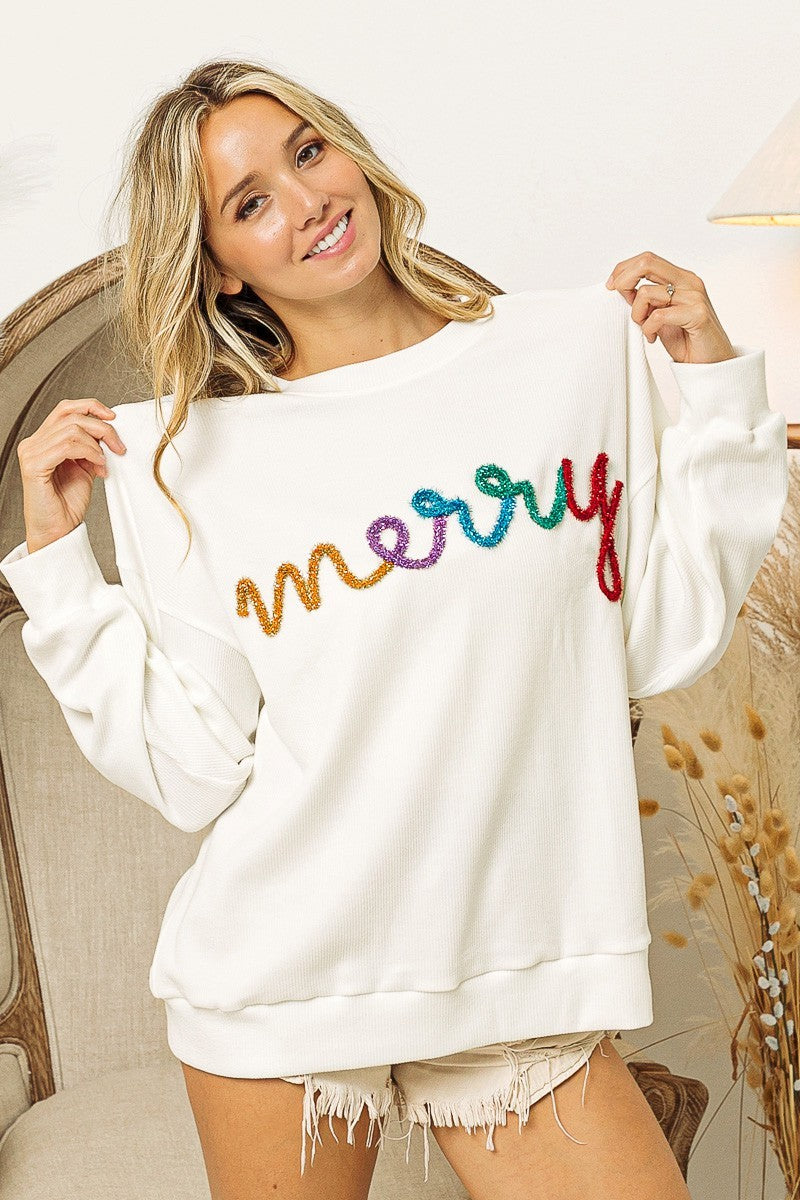 merry tinsel letter sweatshirt in multicolor-front