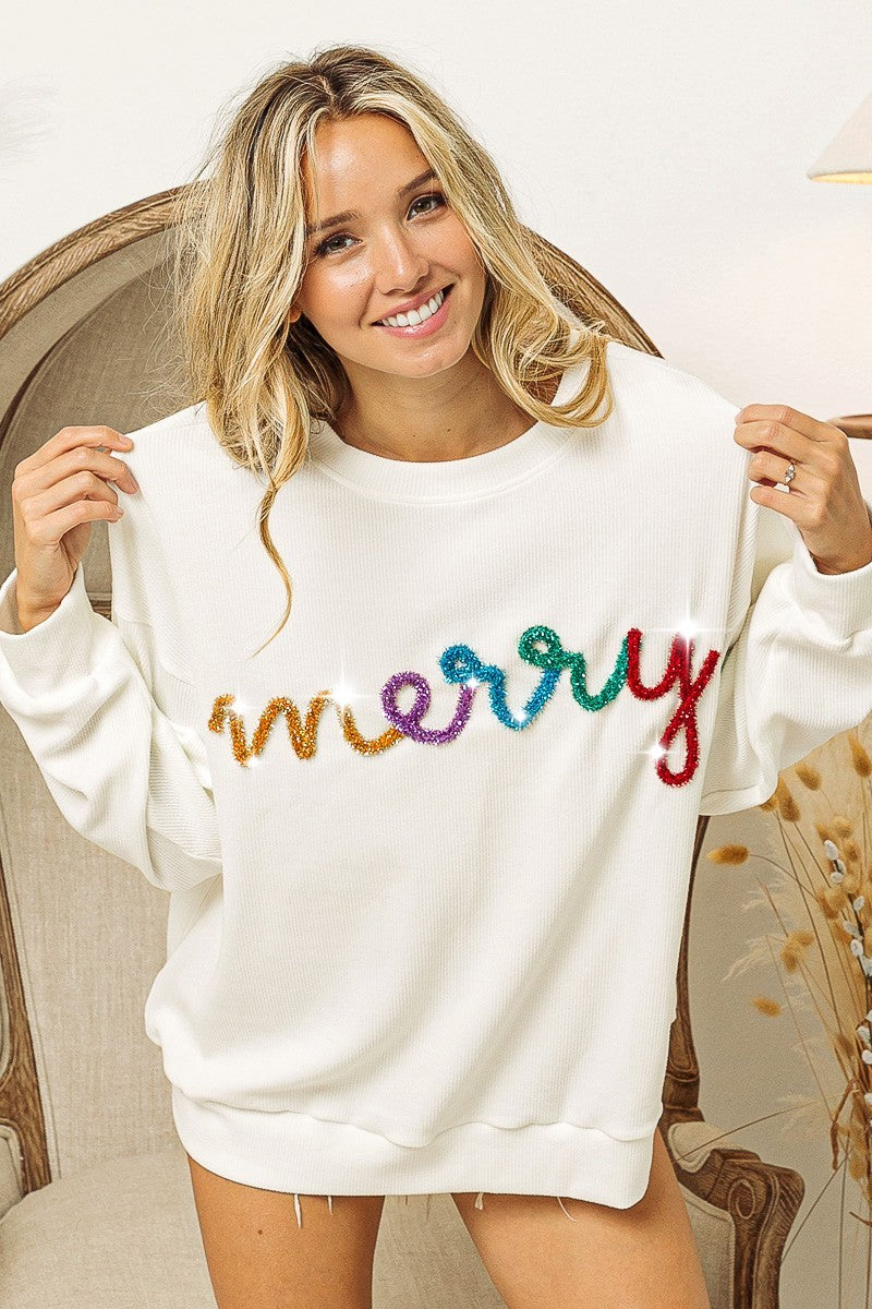 merry tinsel letter sweatshirt in multicolor-front