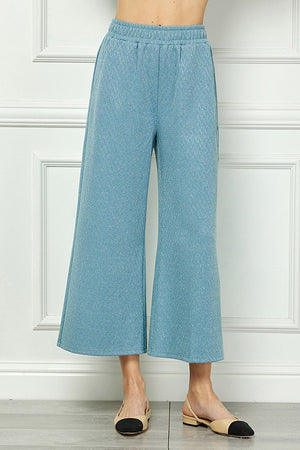metallic jacquard cropped pants in blue-front view