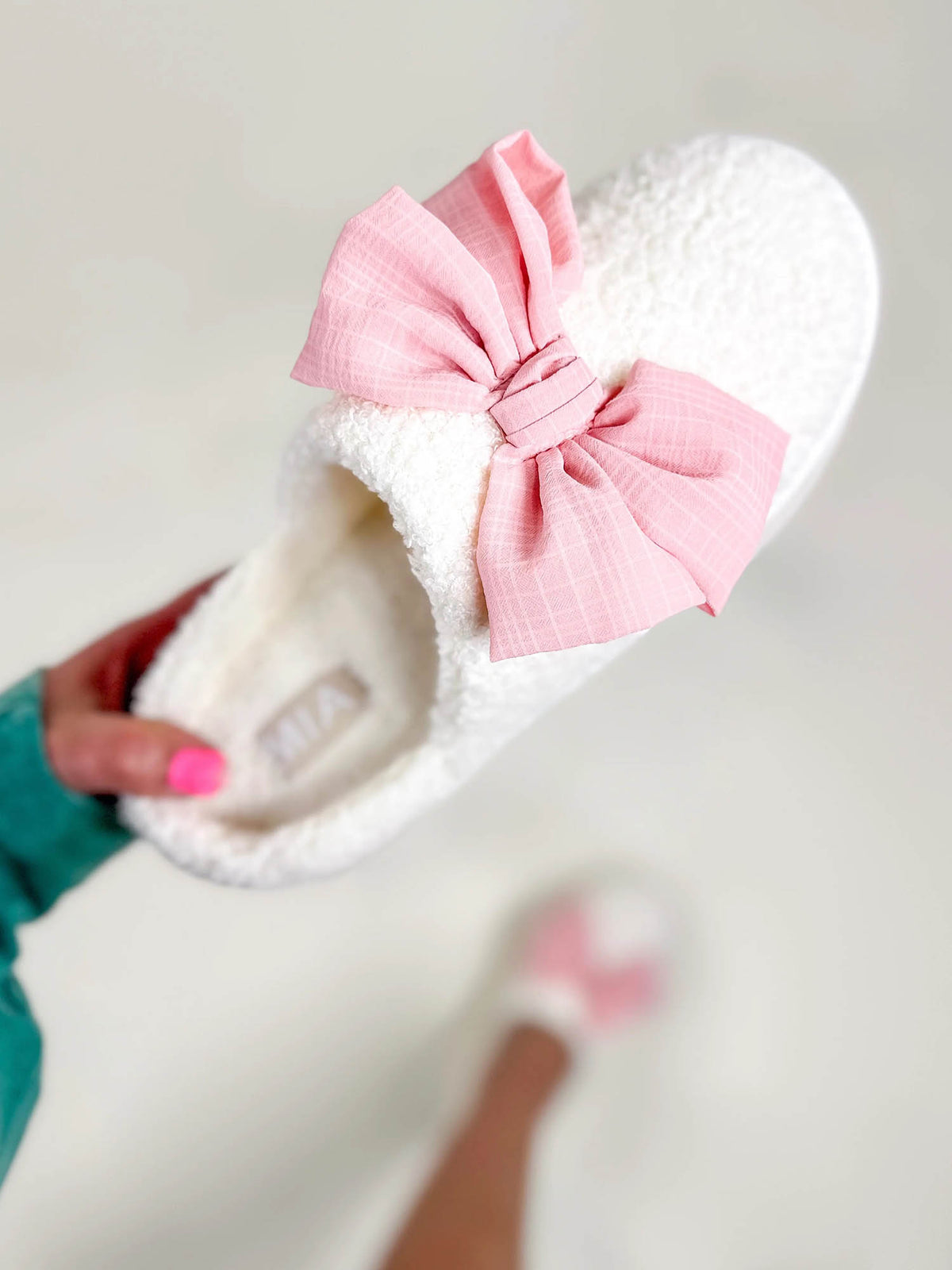 MIA Imani Bow Shearling Slippers in Blush