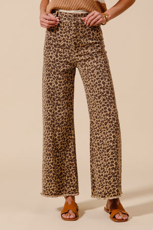 Leopard Fray Hem Wide Pants