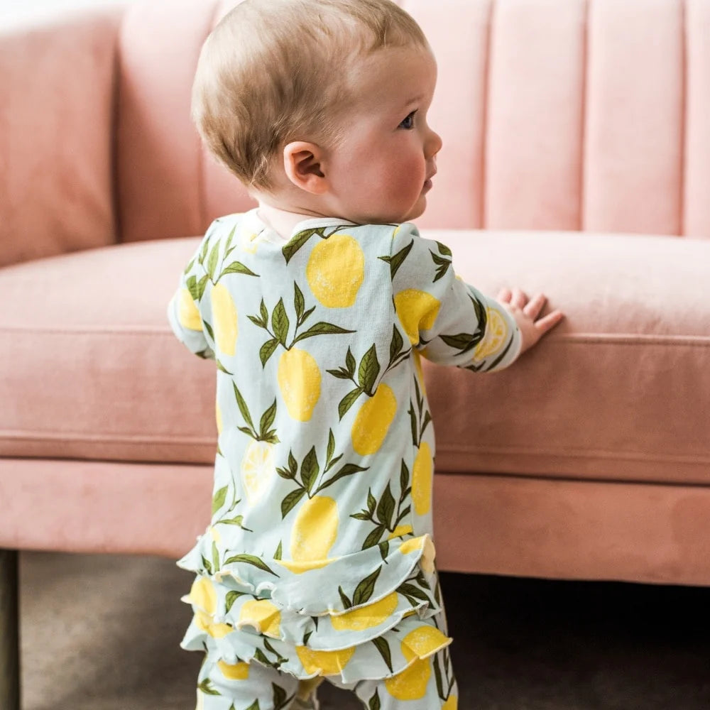 Milkbarn Lemon Organic Cotton Ruffle Zipper Footed Romper