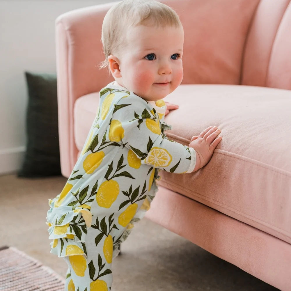 Milkbarn Lemon Organic Cotton Ruffle Zipper Footed Romper