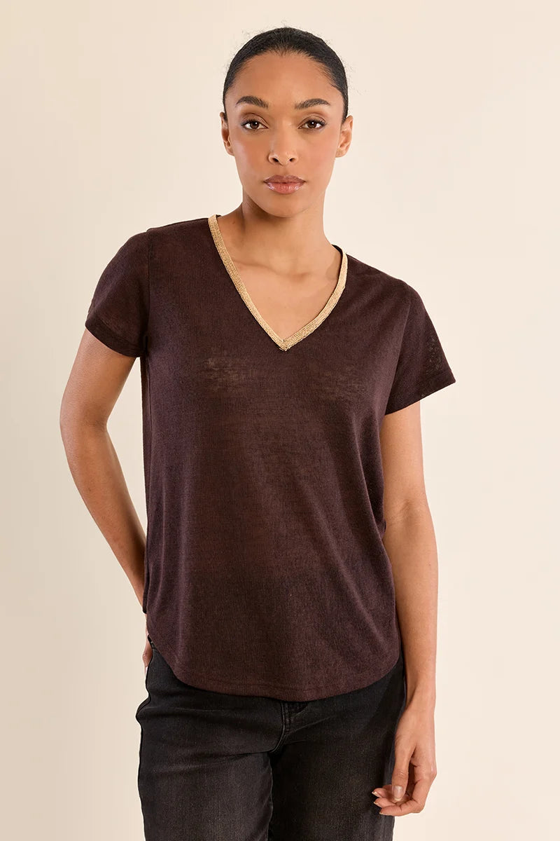Molly Bracken Iridescent V-Neck T-Shirt chocolate 