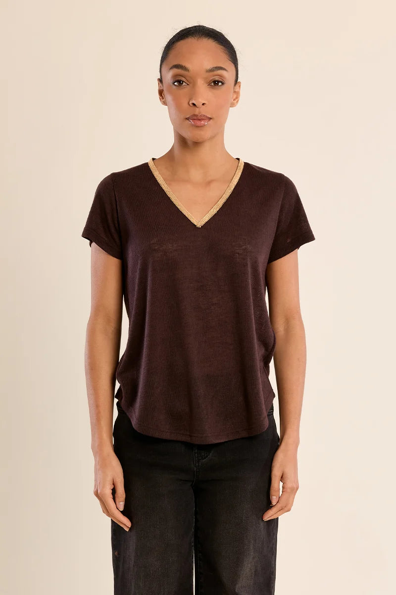 Molly Bracken Iridescent V-Neck T-Shirt chocolate 