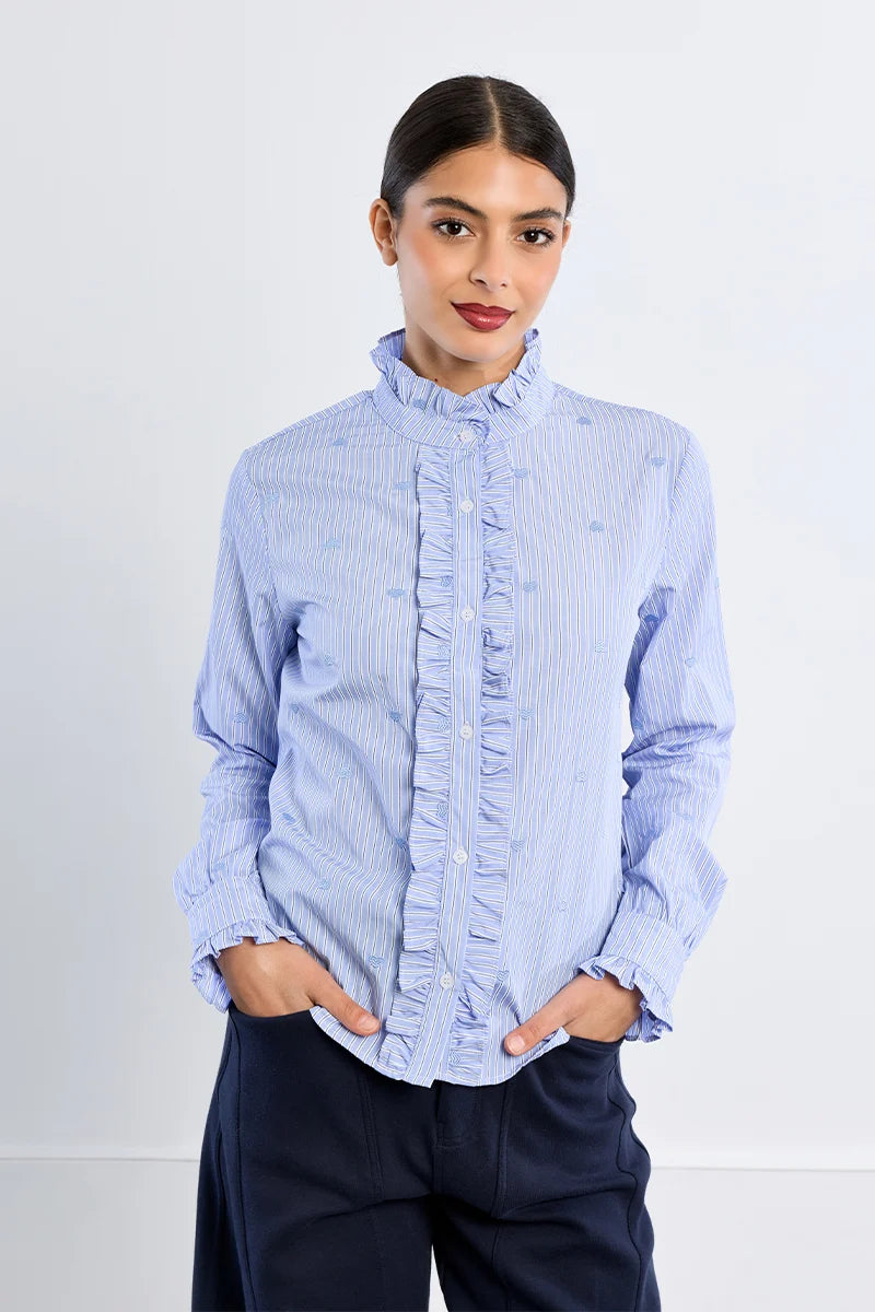 Molly Bracken Embroidered Hearts Victorian Collar Shirt blue 
