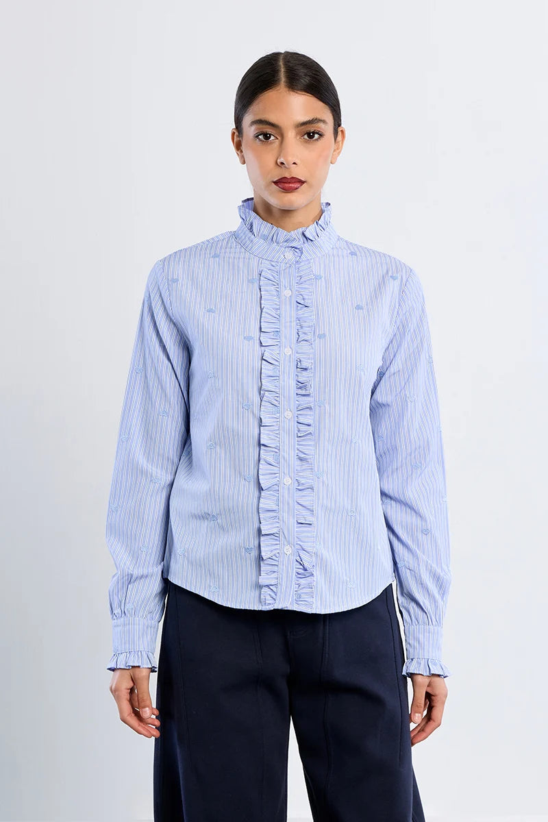Molly Bracken Embroidered Hearts Victorian Collar Shirt blue 