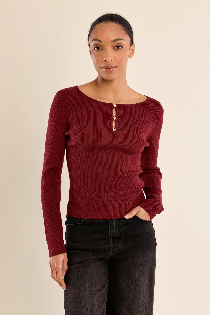 Molly Bracken Heart Ribbed Sweater dark red 