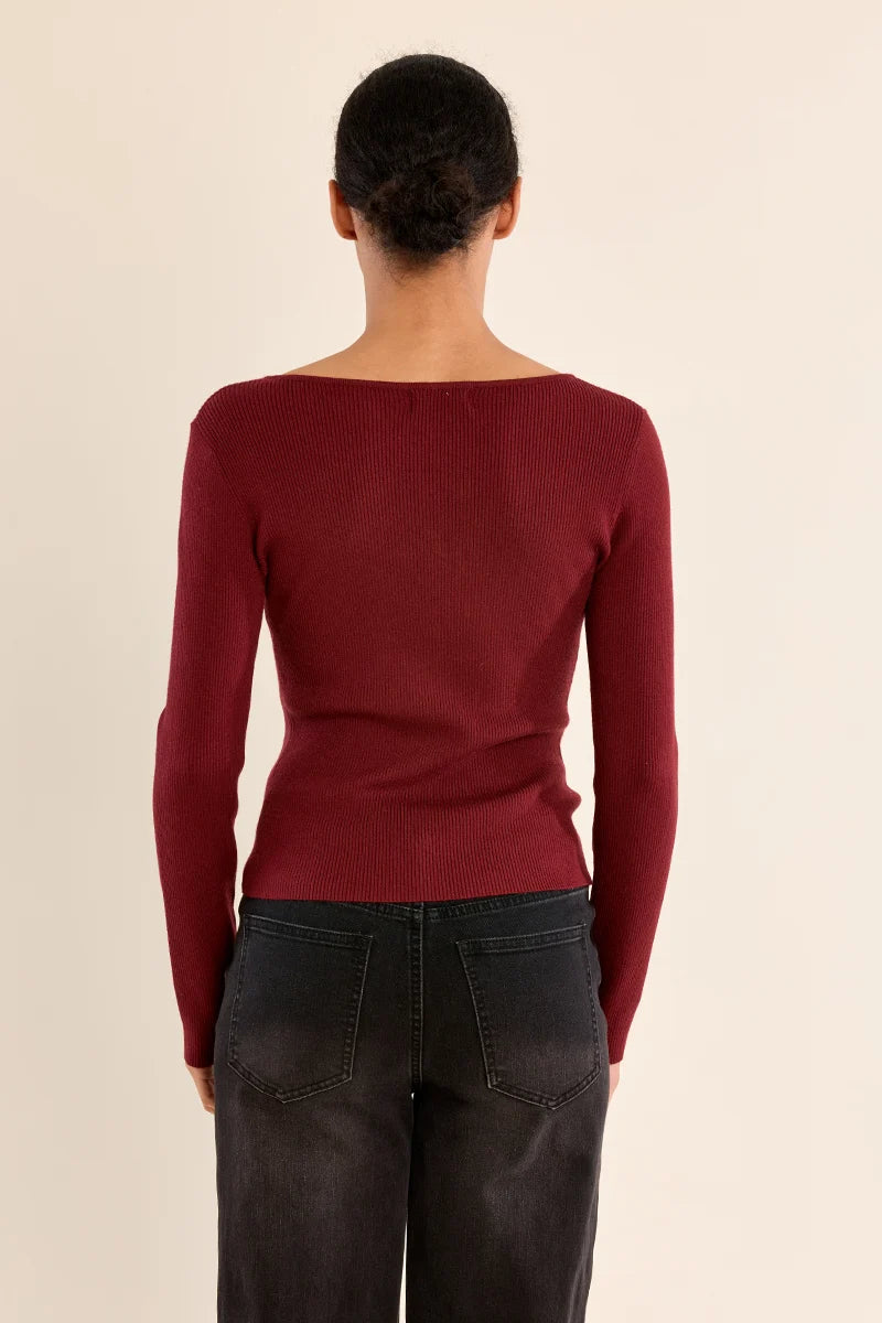 Molly Bracken Heart Ribbed Sweater dark red 