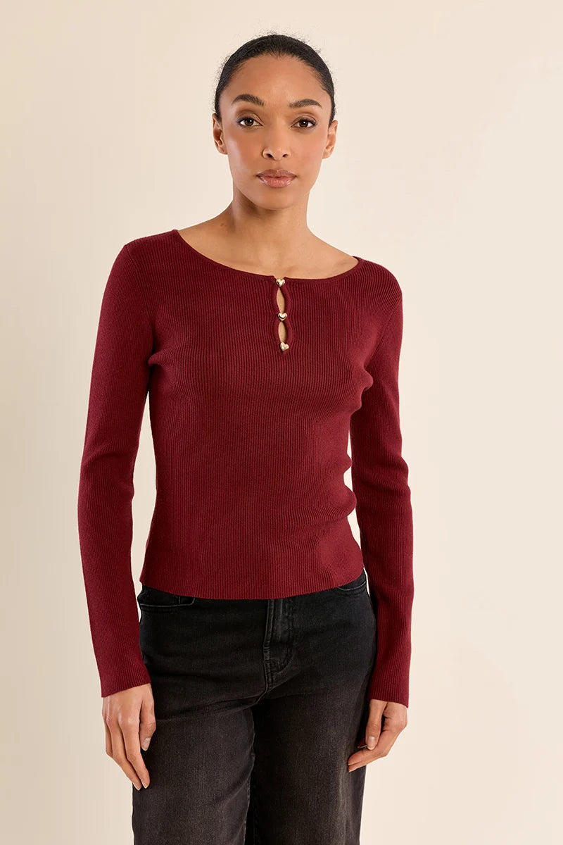 Molly Bracken Heart Ribbed Sweater dark red 