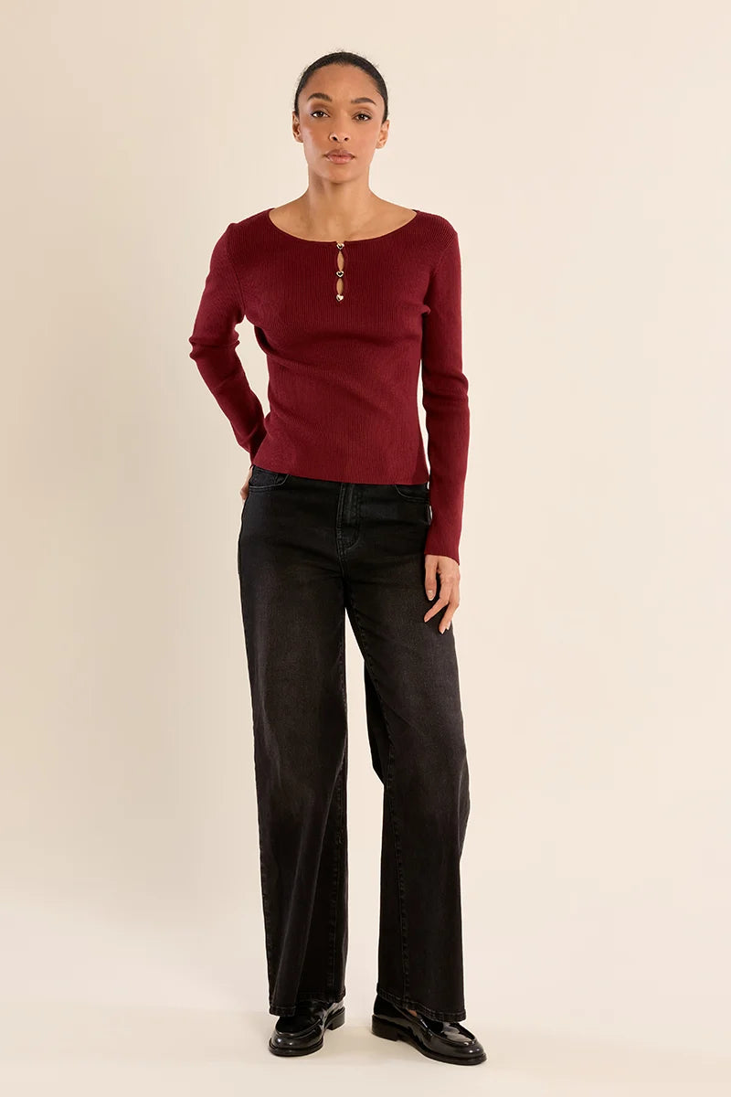 Molly Bracken Heart Ribbed Sweater dark red 