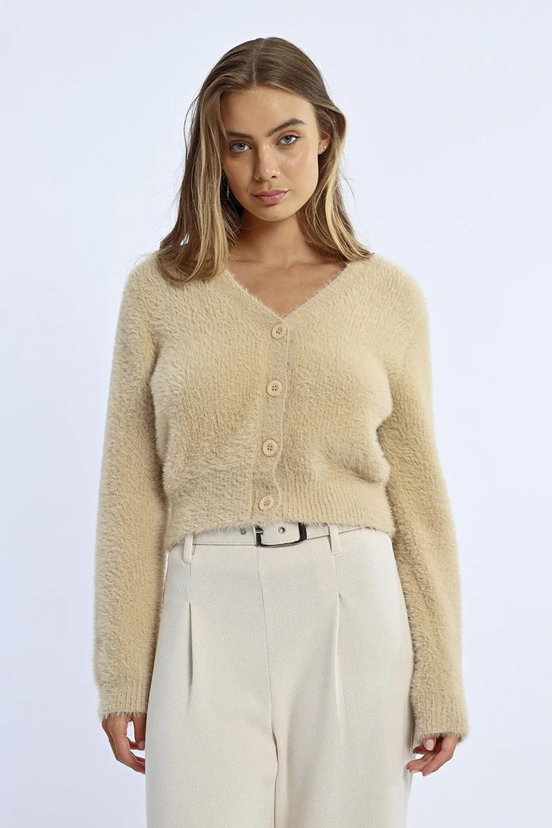 molly bracken fluffy knit cropped cardigan in beige-front