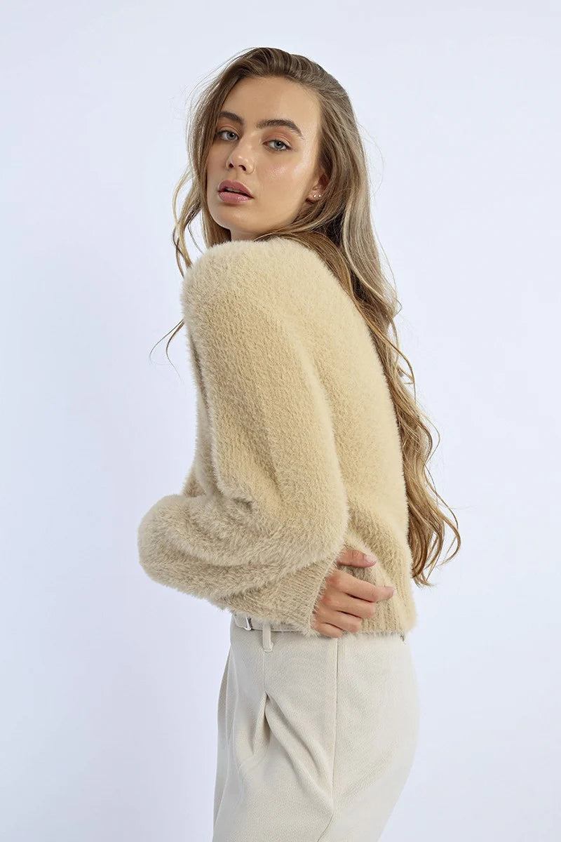 molly bracken fluffy knit cropped cardigan in beige-back