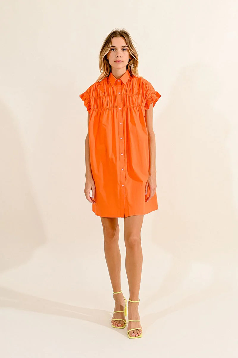 molly bracken gathered shirt dress in orange-front view