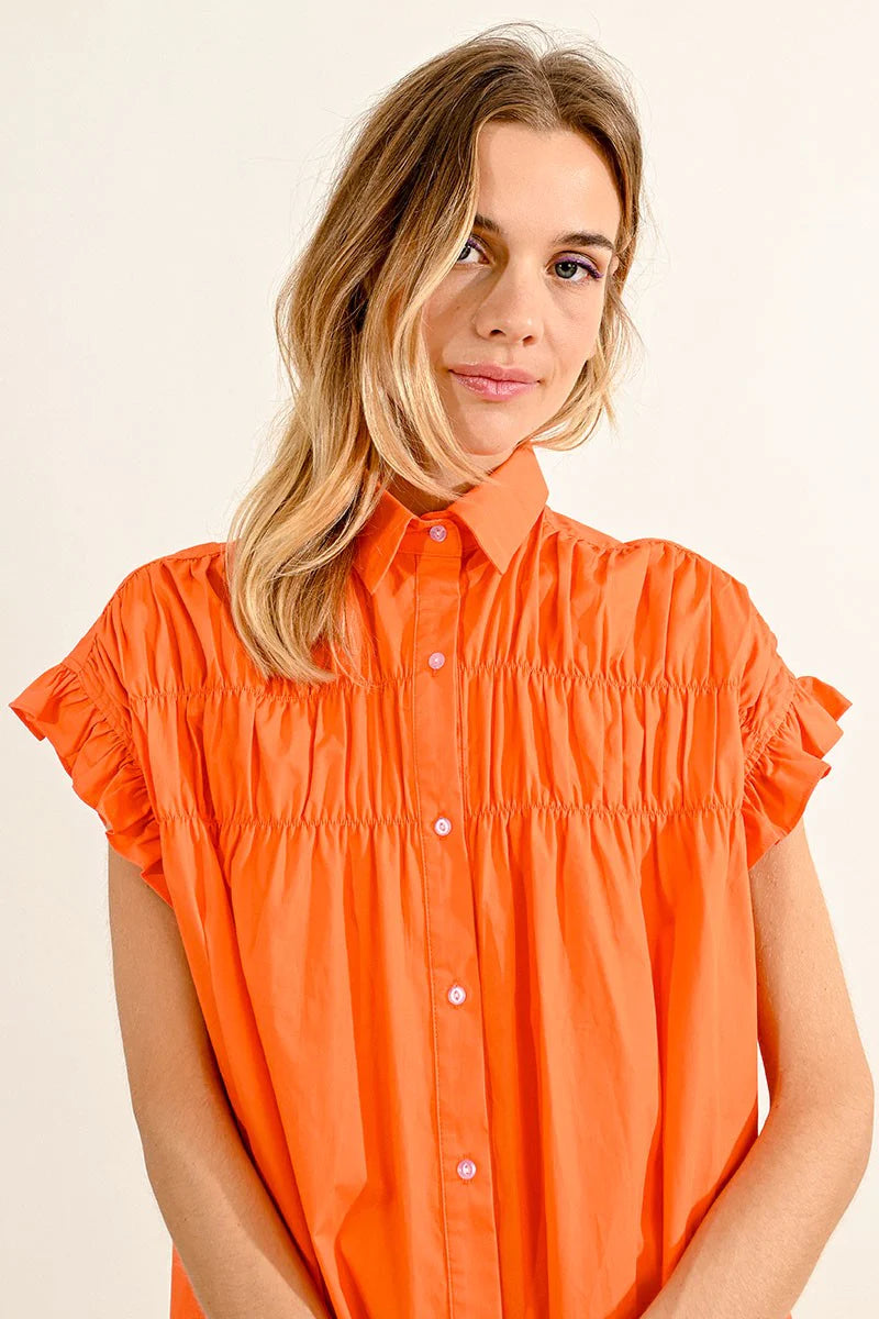 molly bracken gathered shirt dress in orange-front detail view