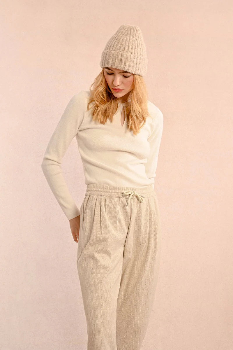 Molly Bracken Herringbone Jogger Pants in off white-front