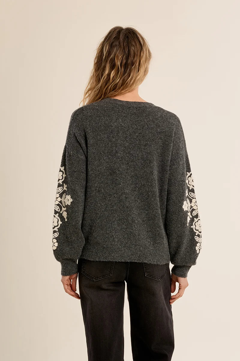 Molly Bracken Floral Embroidered Sweater ash dark grey