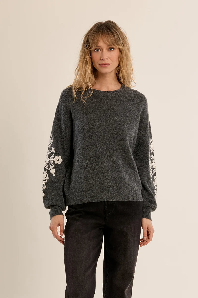 Molly Bracken Floral Embroidered Sweater ash dark grey