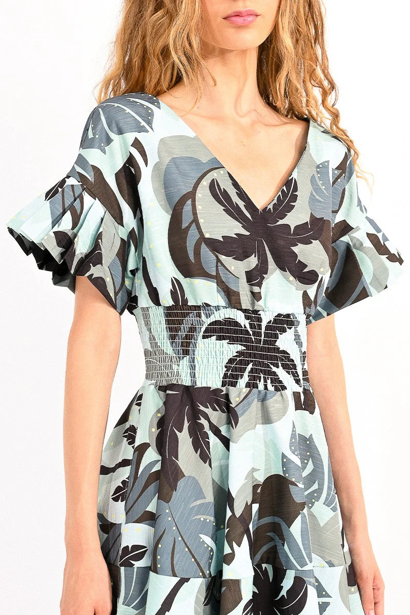 molly bracken midi dress in palm tree print-front detail view