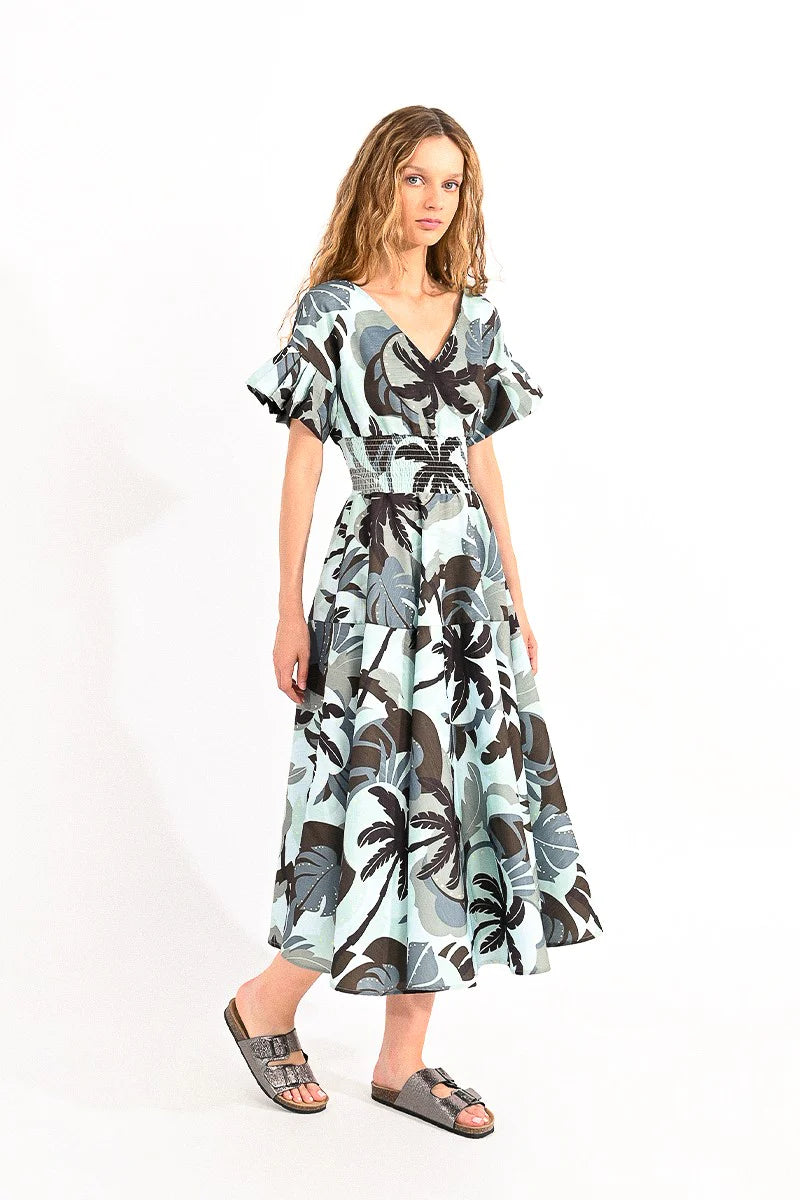 molly bracken midi dress in palm tree print-side view