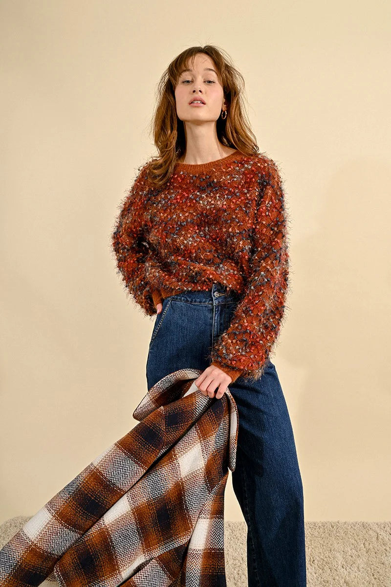 Molly Bracken Mixed & Textured Knit Sweater in rust-front