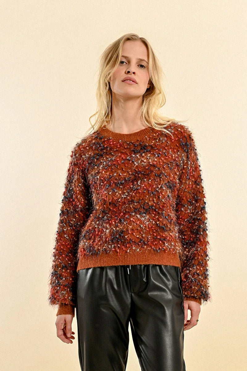 Molly Bracken Mixed & Textured Knit Sweater in rust-front