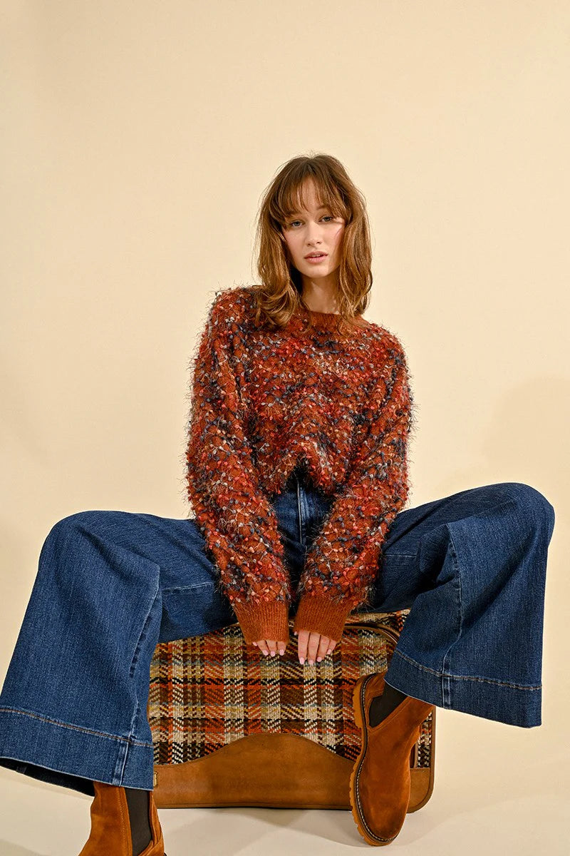 Molly Bracken Mixed & Textured Knit Sweater in rust-front