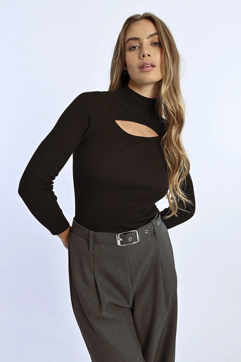 molly bracken open front high neck sweater in black-front