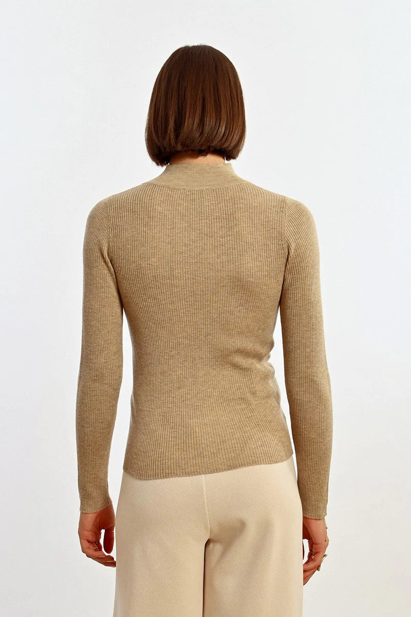 molly bracken open front high neck sweater in light beige-back