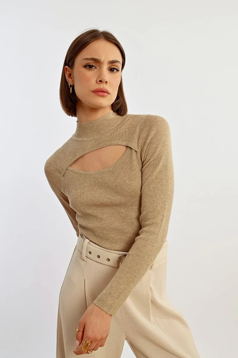 molly bracken open front high neck sweater in light beige-front